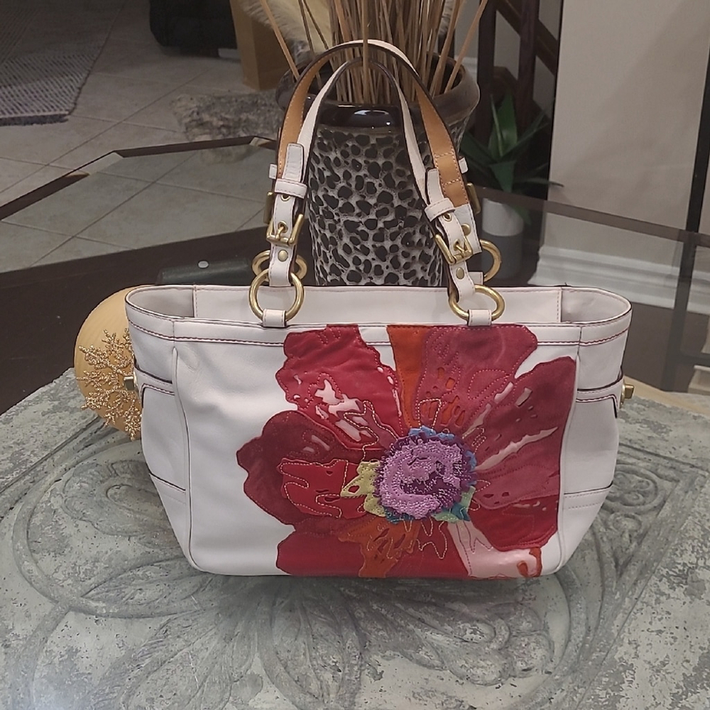 Coach Floral Leather White and Red Embroidiered Poppy Bag